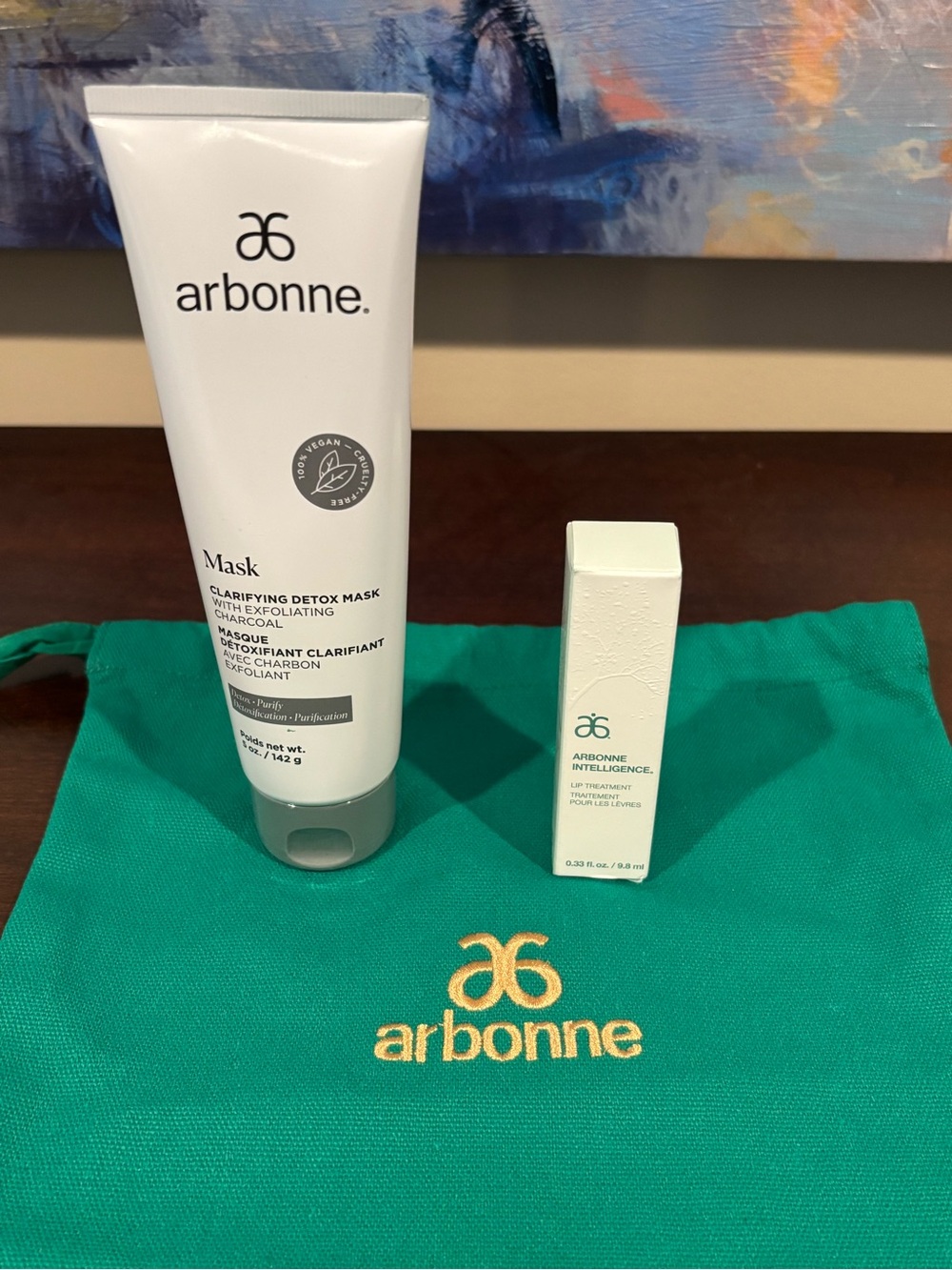 Arbonne Bundle Clarifying Detox Mask, Lip Treatment, and Canvas Bag